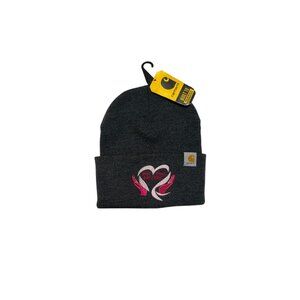 Carhartt Womens Gray Knit Beanie With Pink Heart Patch One Size